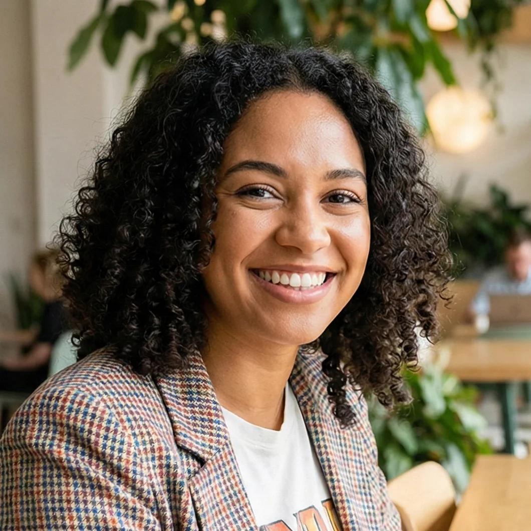 Sophia W., a social media strategist, in a modern co-working space. She uses the AI background replacement feature to create diverse marketing content from a single product shot.