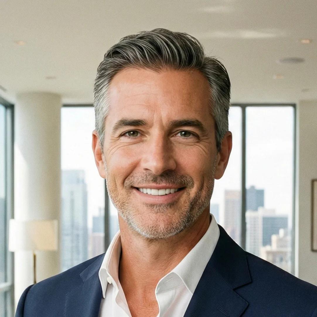 A professional headshot of David L., a real estate agent, in a luxury apartment. He uses the AI photo editor to clean up interior property photos for high-quality marketing materials.