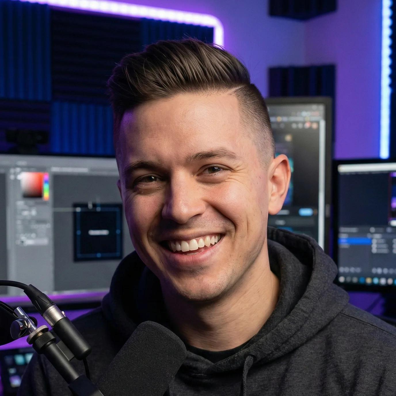 Marcus V., a tech influencer, in his professional YouTube studio with LED lighting. He uses AI image editing tools to create professional and eye-catching video thumbnails.