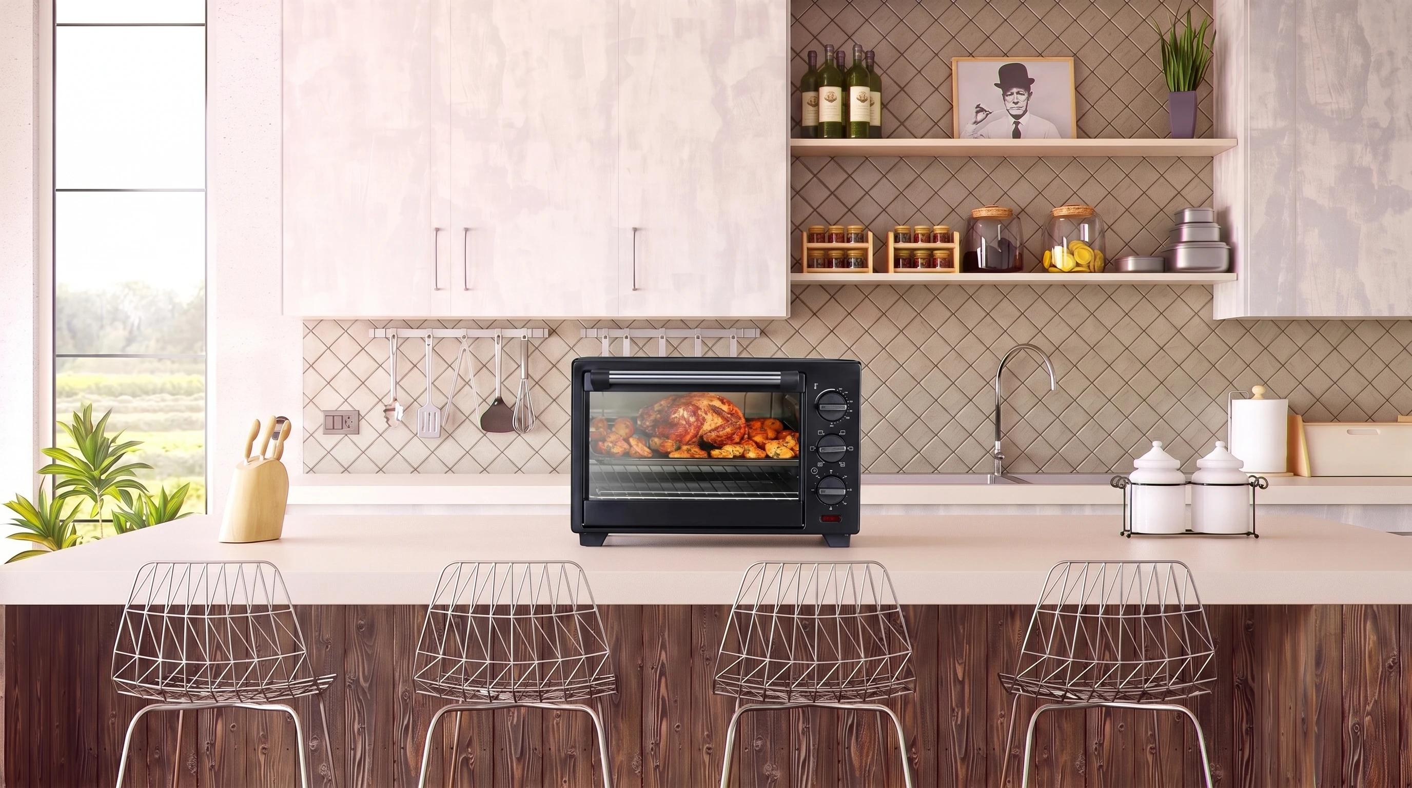 A black microwave oven seamlessly inserted onto a modern kitchen counter using EasyEditor AI image editor to demonstrate object replacement.