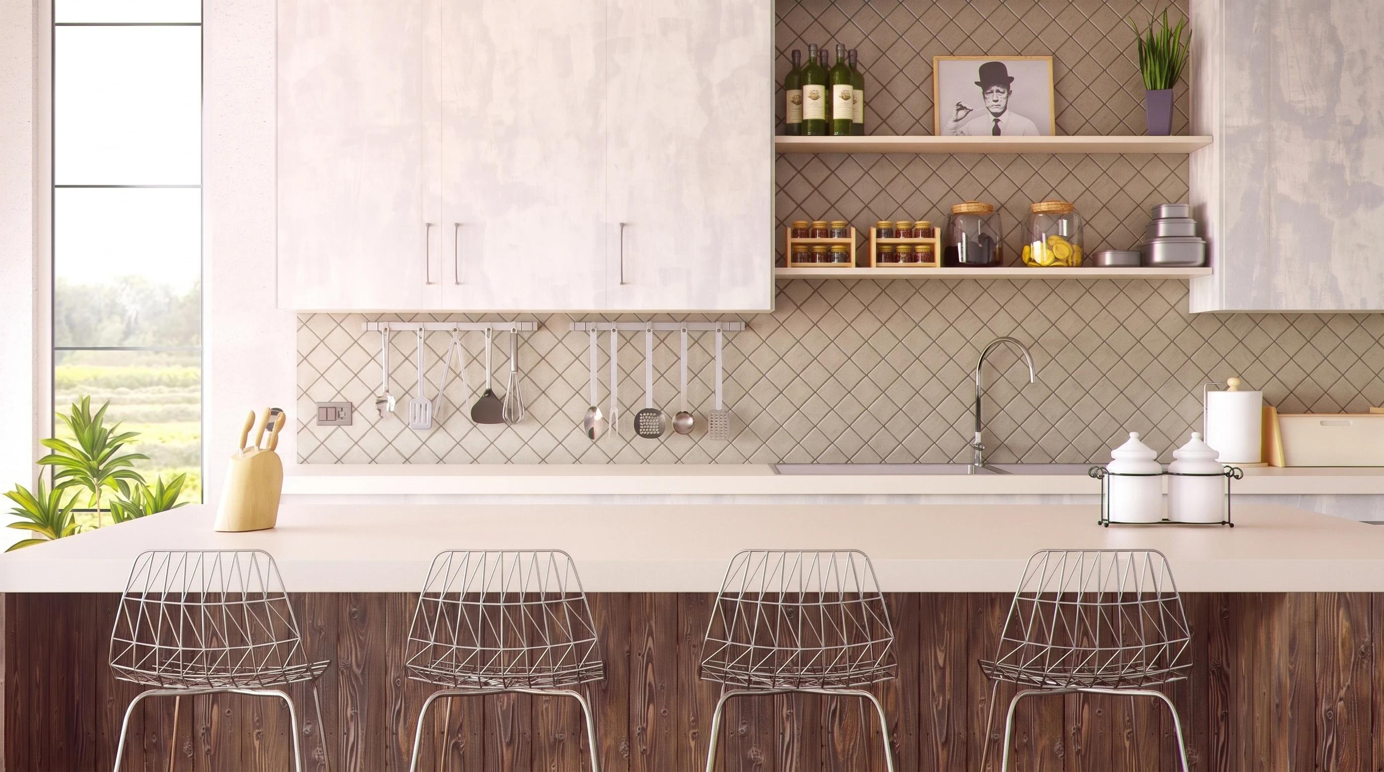 A professional shot of an empty modern kitchen counter scene with wood cabinets, metal stools, and a large window, ready for object insertion via EasyEditor AI photo editor.