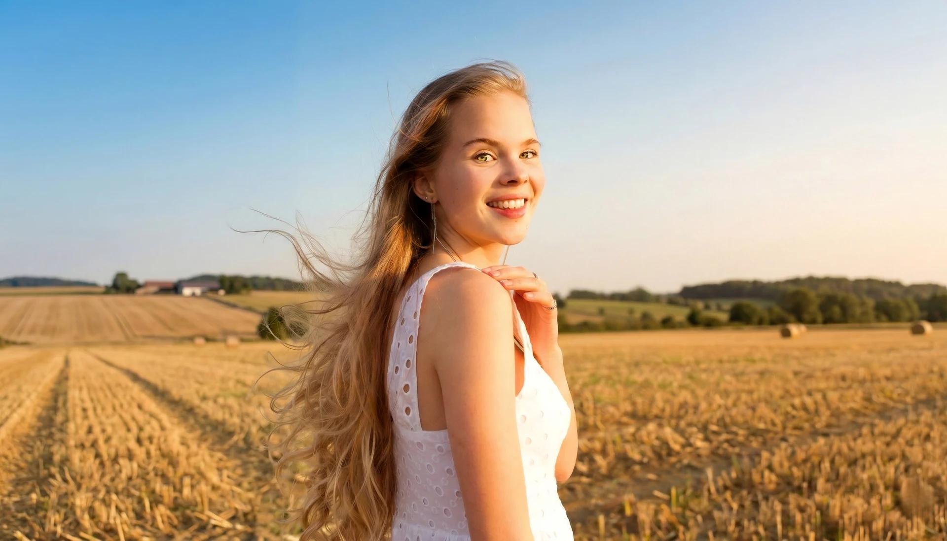 Eine lächelnde Frau mit blonden Haaren in einem trockenen goldenen Feld, die den Originalhintergrund zeigt, bevor sie den EasyEditor KI-Fotoeditor als Ersatz verwendet.