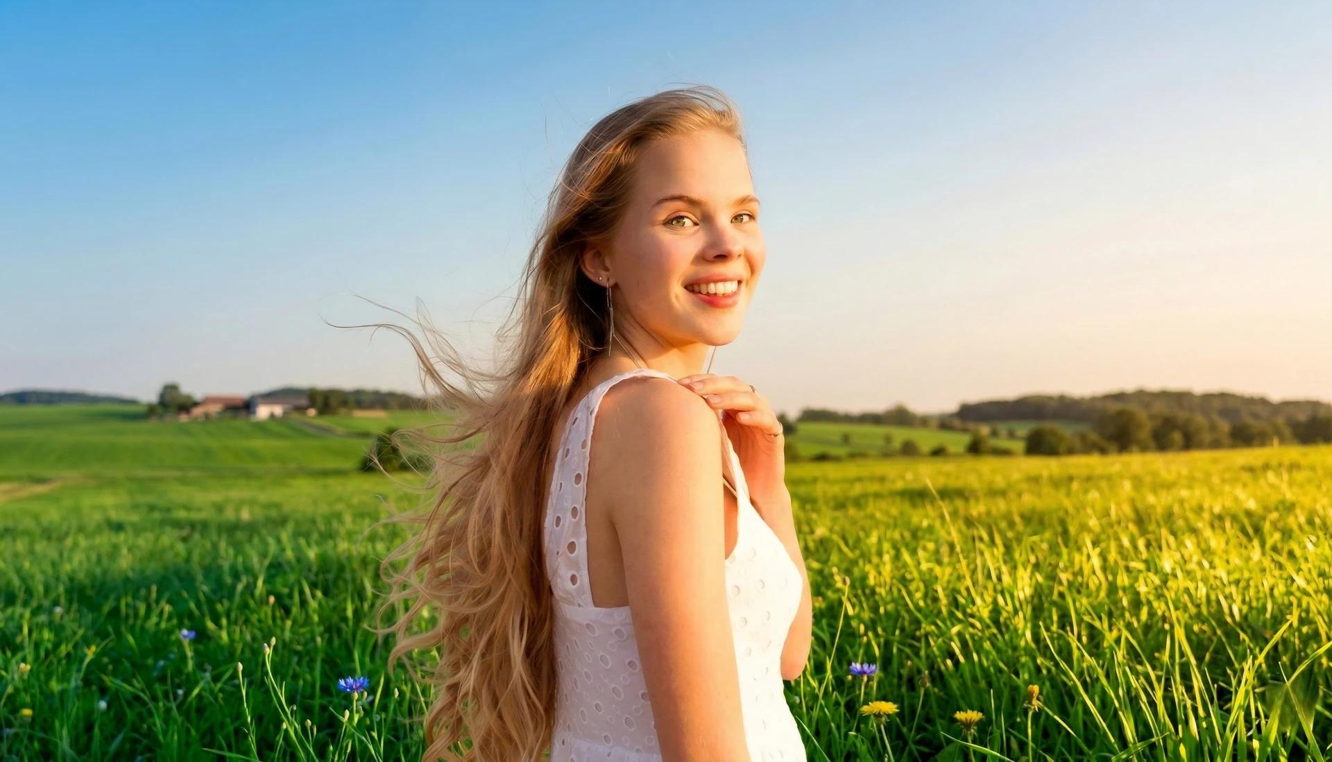 Dieselbe Frau steht jetzt auf einer saftig grünen Wiese und demonstriert die professionelle Hintergrundersetzungsfähigkeit eines KI-Bildeditors.