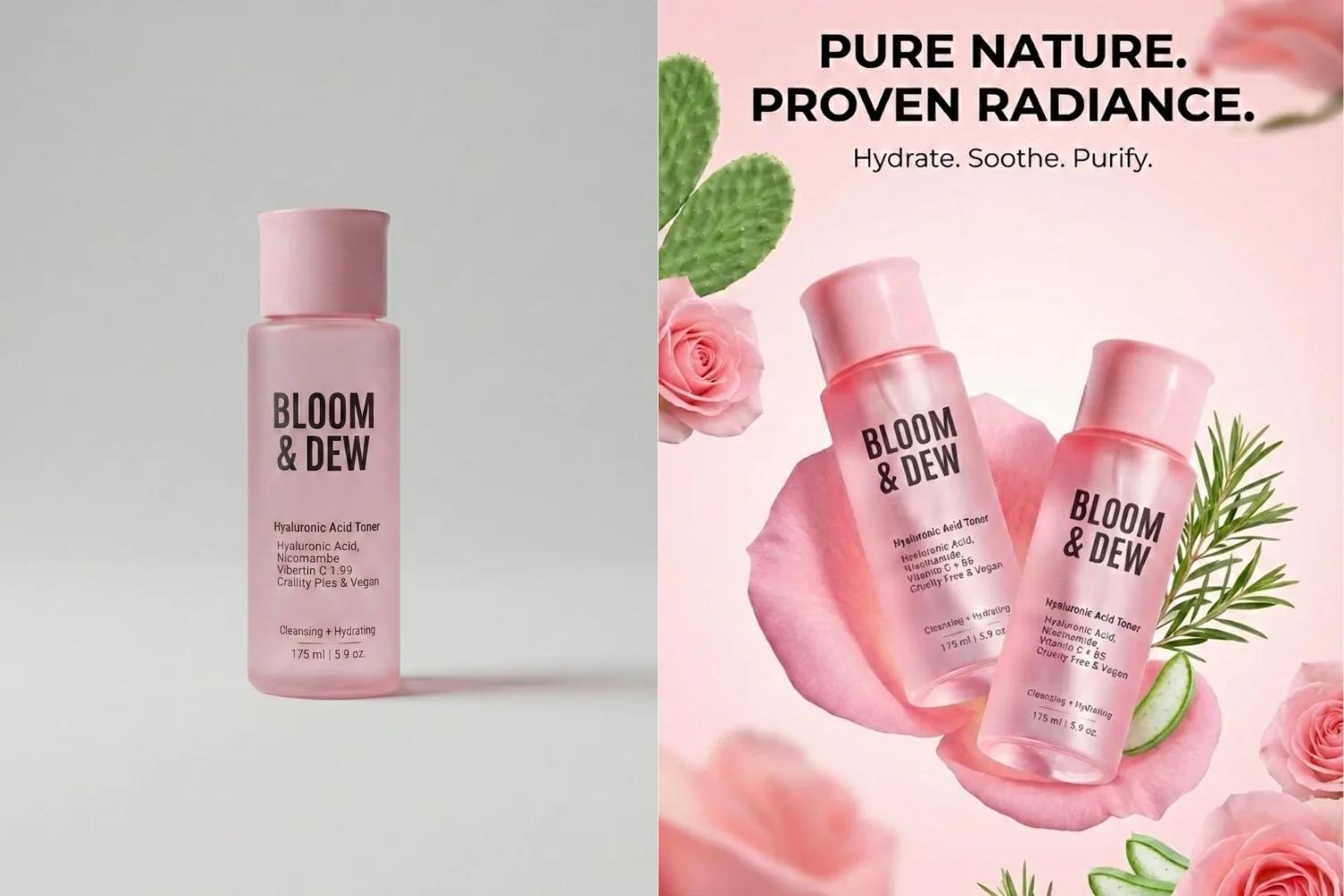 Split screen showing a plain skincare bottle turned into a stunning floral ad poster using AI image generator.