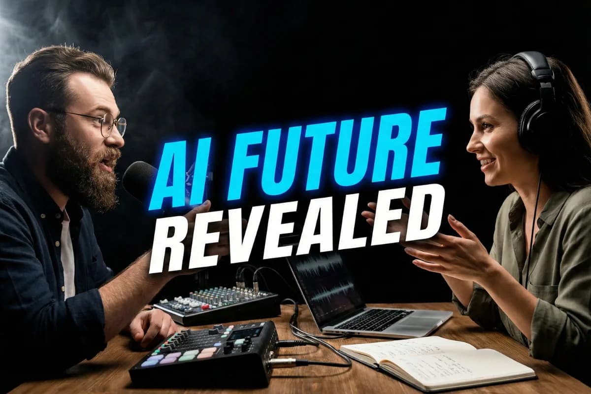 A professional YouTube thumbnail featuring two podcasters and bold text, generated by AI design tool.